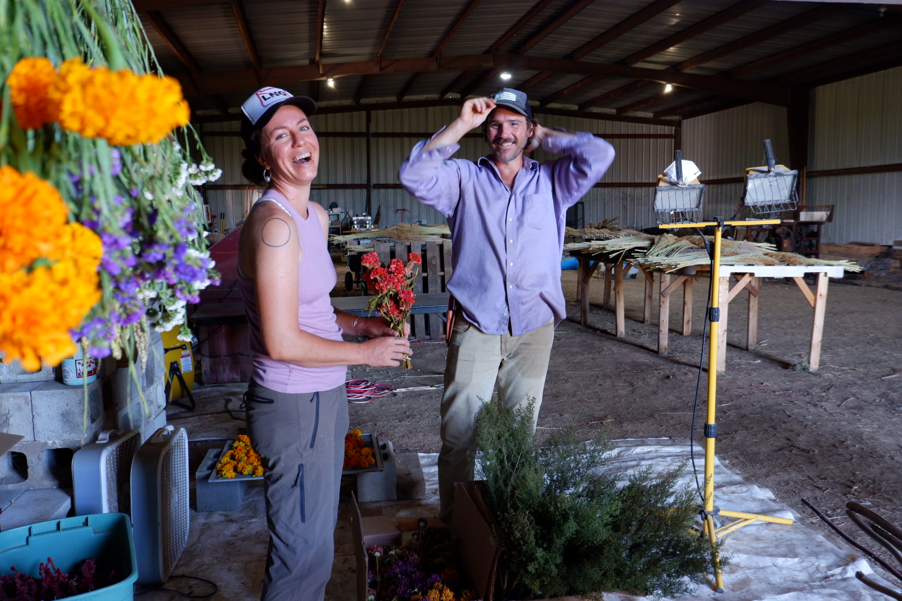 Organic farmers in the barn at Bundle Sticks Farm hang flowers to dry for wreath making.